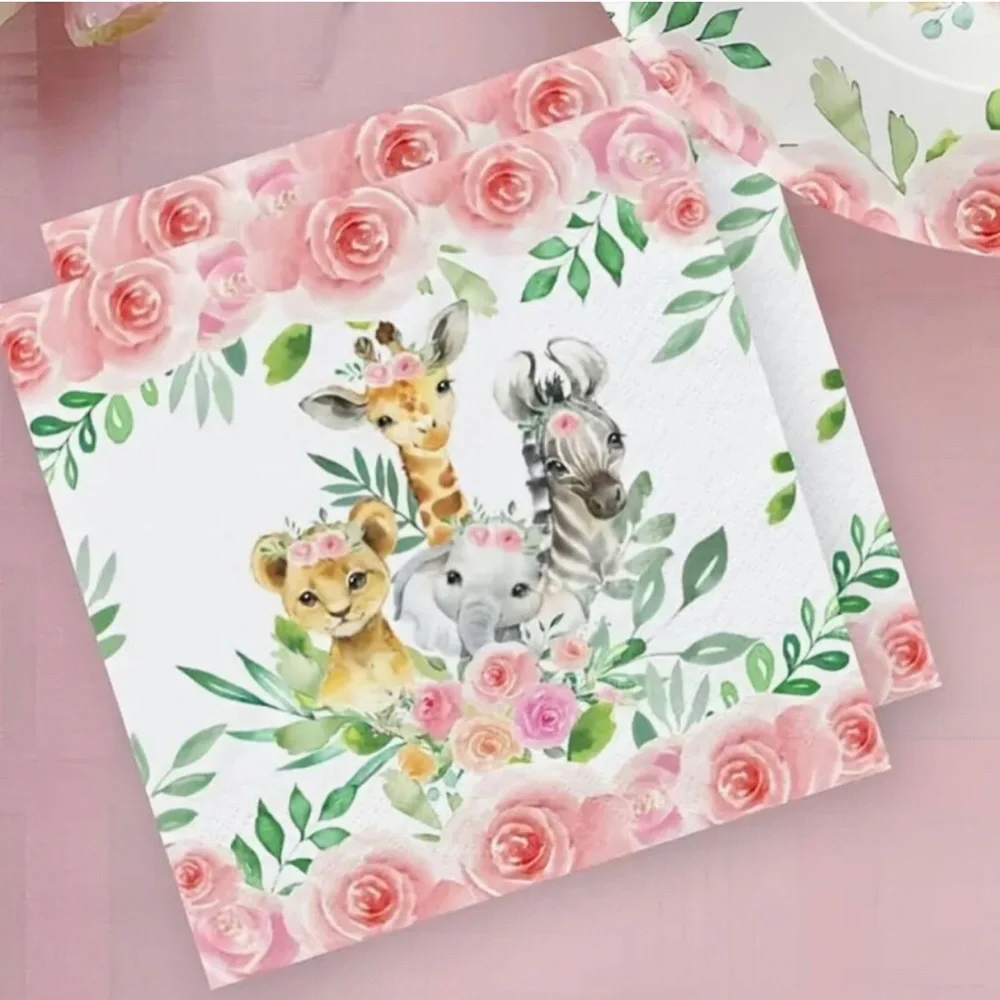 Pink Floral Safari Jungle Animals Luncheon Napkins